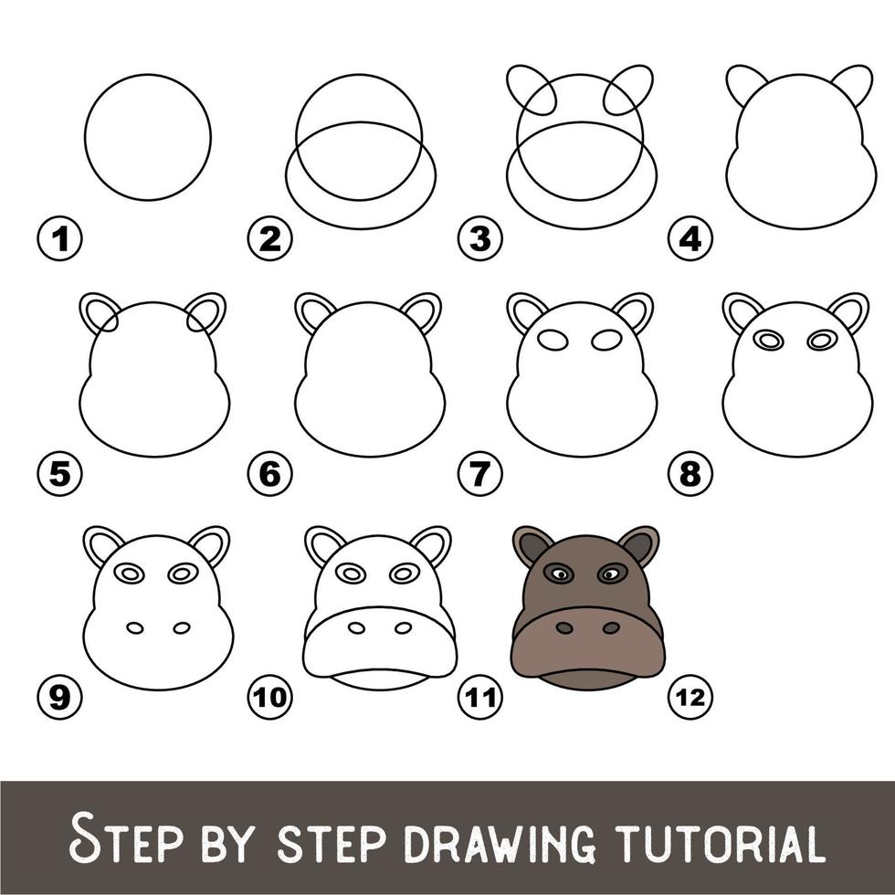 Kid game to develop drawing skill with easy gaming level for preschool kids, drawing educational tutorial for Hippopotamus Face. vector