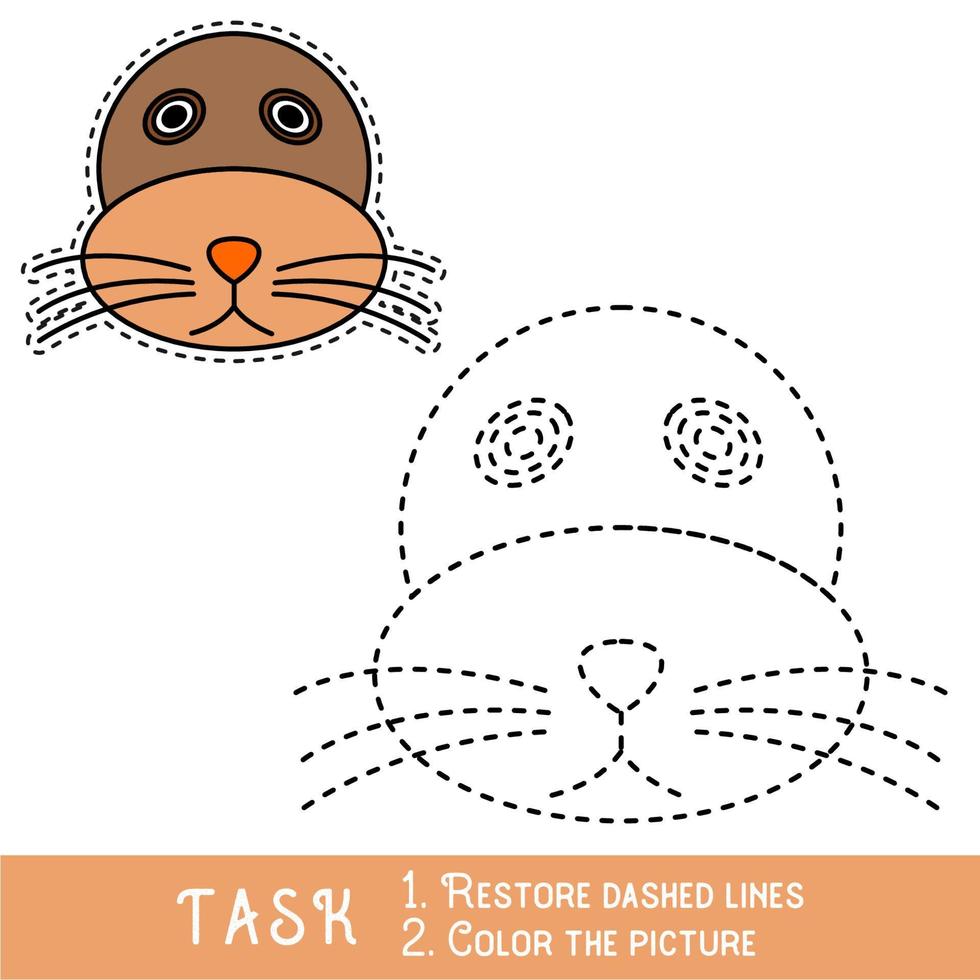 Drawing worksheet for preschool kids with easy gaming level of difficulty, simple educational game for kids one line tracing of Sea Lion Face. vector