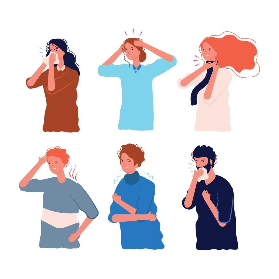 Flu symptoms people characters illness fever ache body sore throat