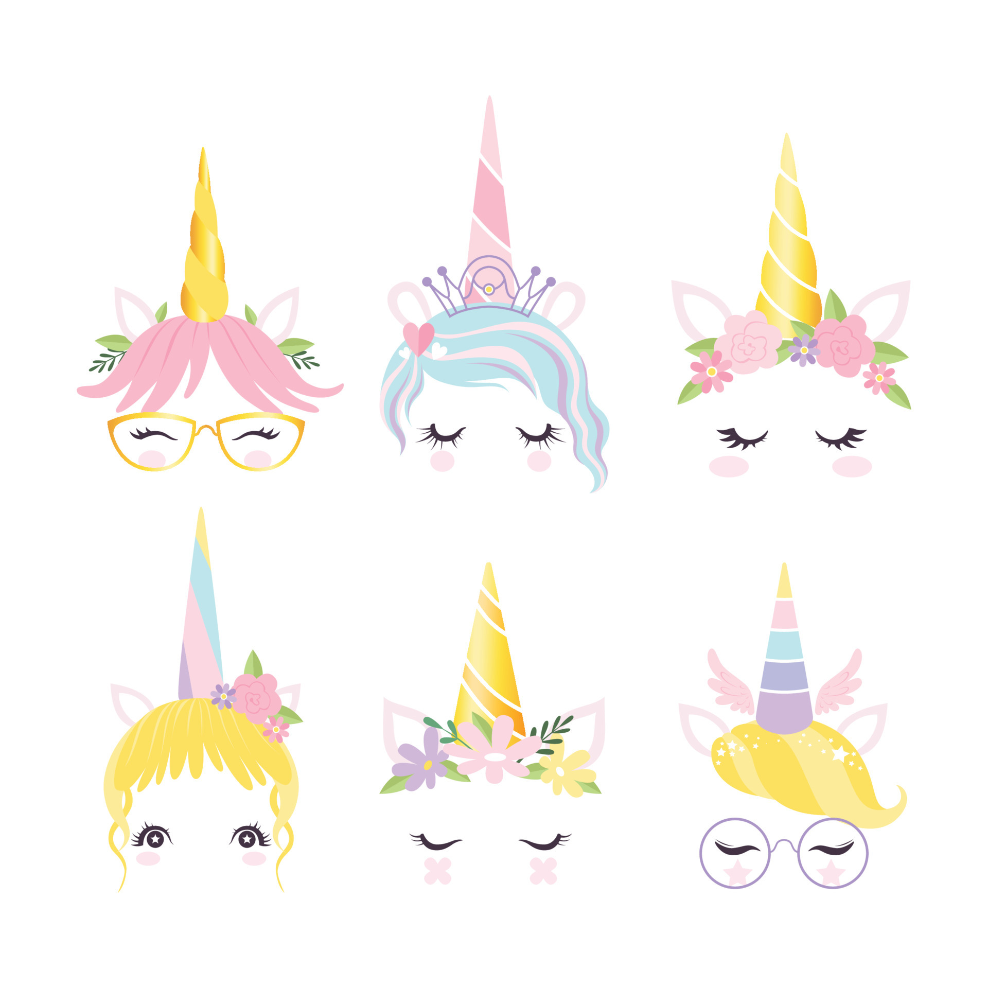 unicorn face fantasy horse pony animal creation kit ears head horn eyes hairs glasses vector cute illustration horse pony face unicorn magic 4107501 vector art at vecteezy