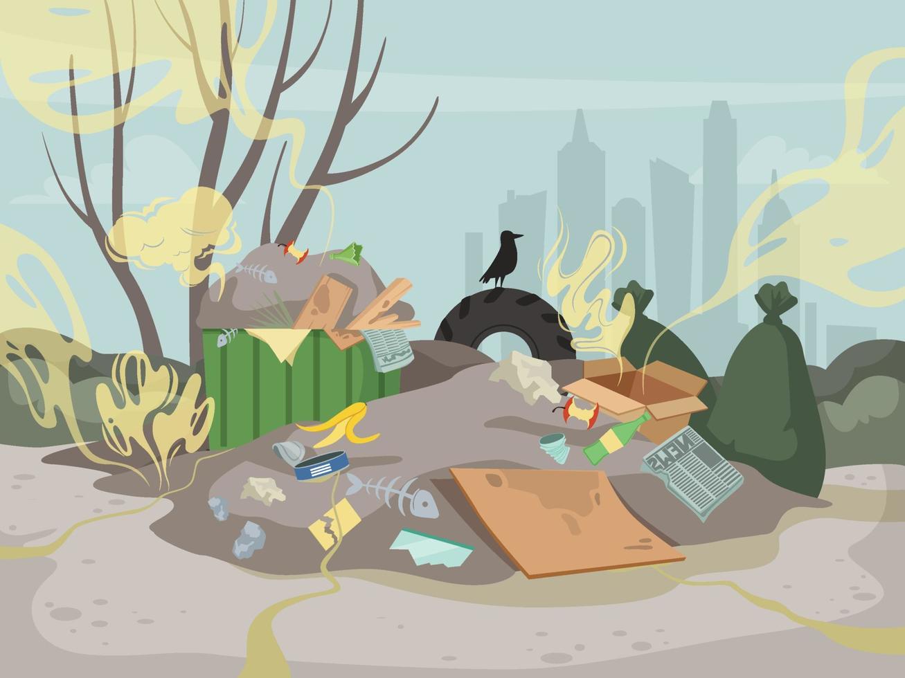 Waste smell toxic junk mountain garbage bad environment dump smell clouds vector illustration