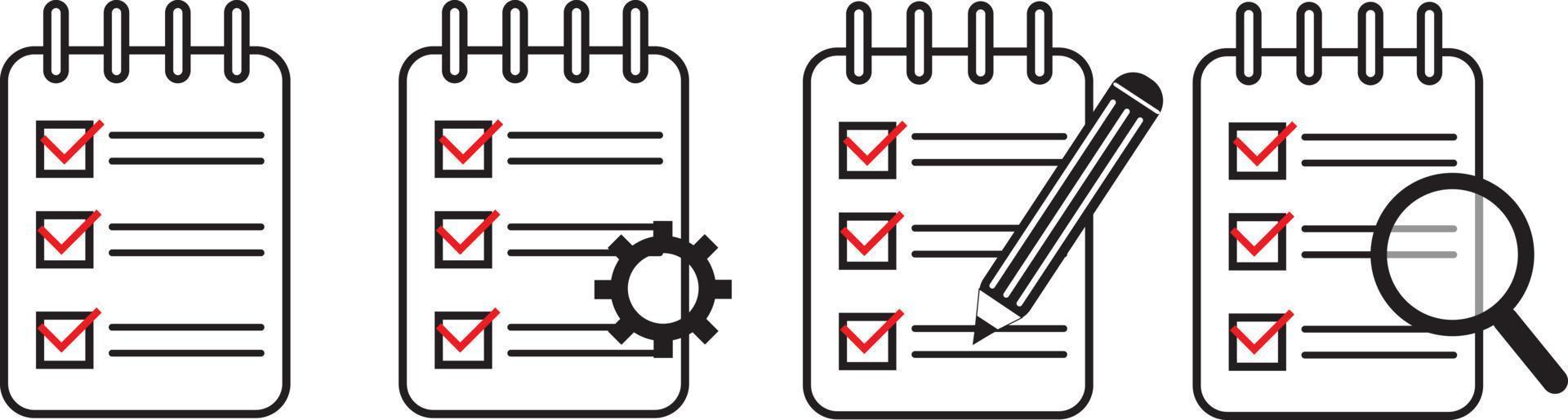 Clipboard icon. Checklist with gear, checkmarks, magnifier and pencil. vector