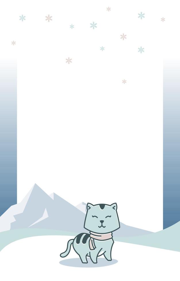 Cat Mountain Winter Snow Snowflake Holiday Card Frame Background Template vector
