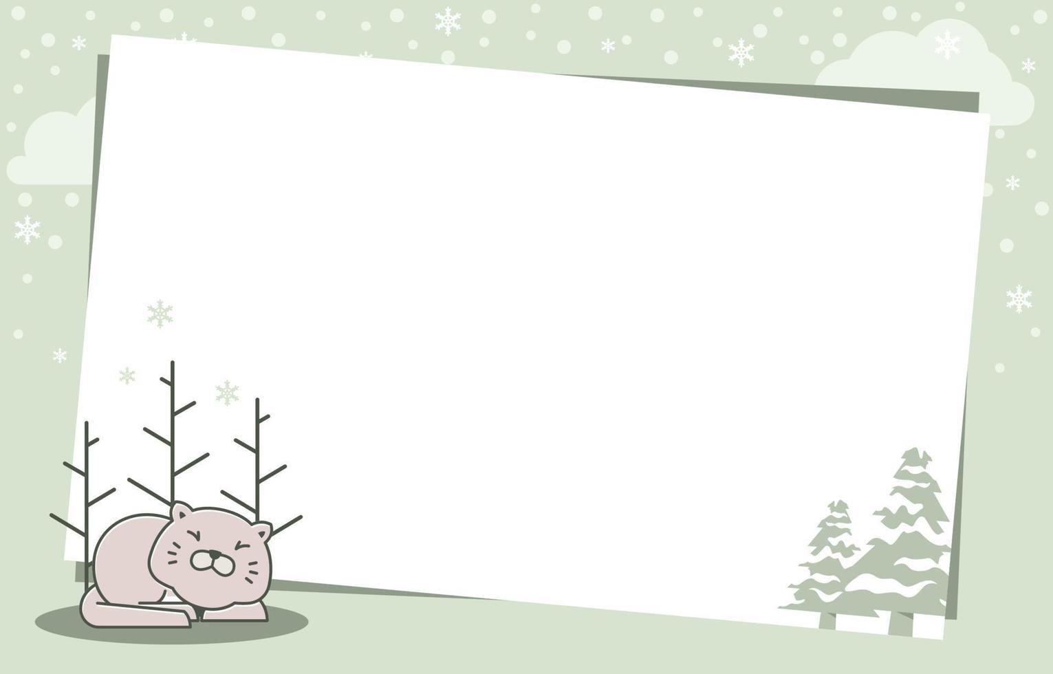 Cat Sleeping Pine Tree Winter Snowflake Holiday Card Frame Background Template vector