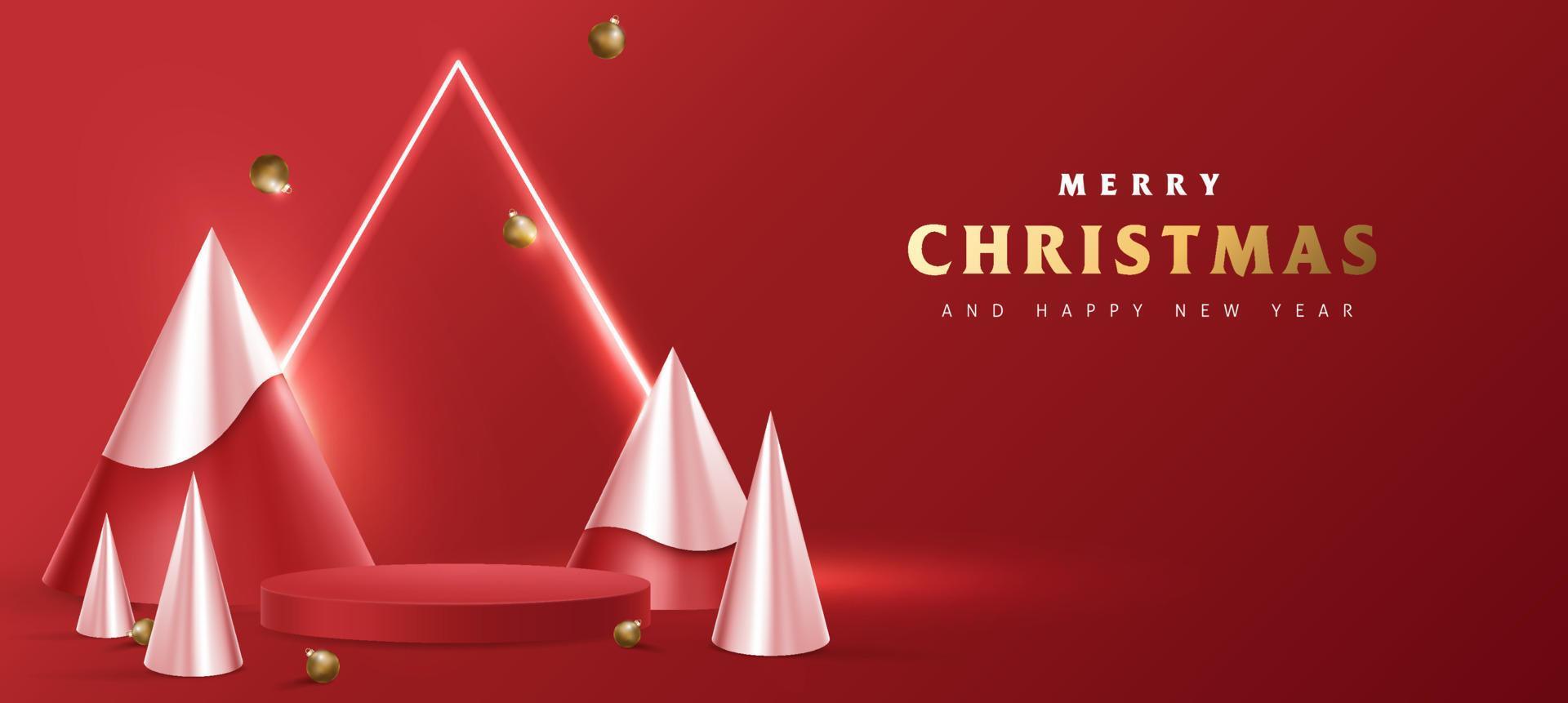 Merry Christmas promotion banner with product display cylindrical shape and christmas tree conical shape vector