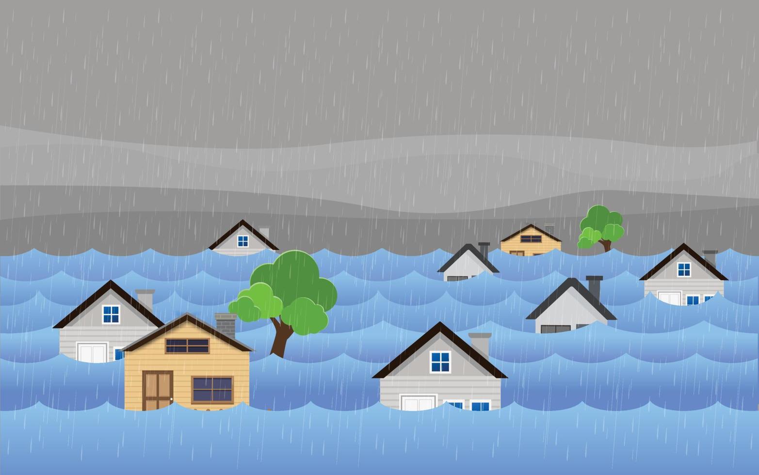 Flood natural disaster with house, heavy rain and storm , damage with home, clouds and rain, flooding water in city, Flooded house. vector