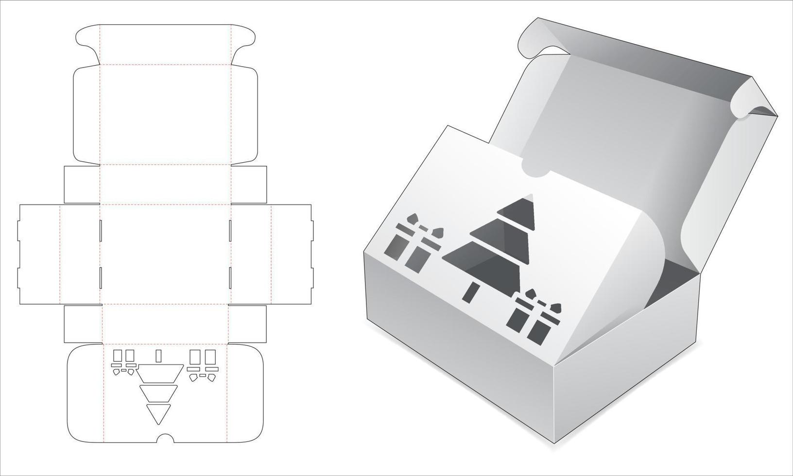 Christmas 2 flips box with Chritmas tree window die cut template vector