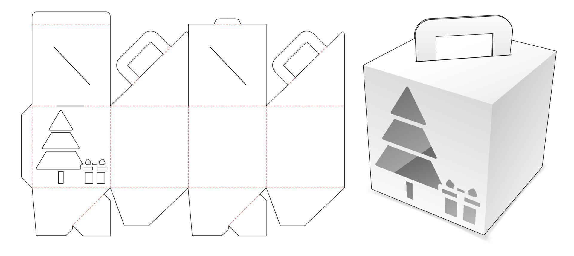 Caja de cartón con árbol de navidad y plantilla troquelada de ventana de caja de regalo vector