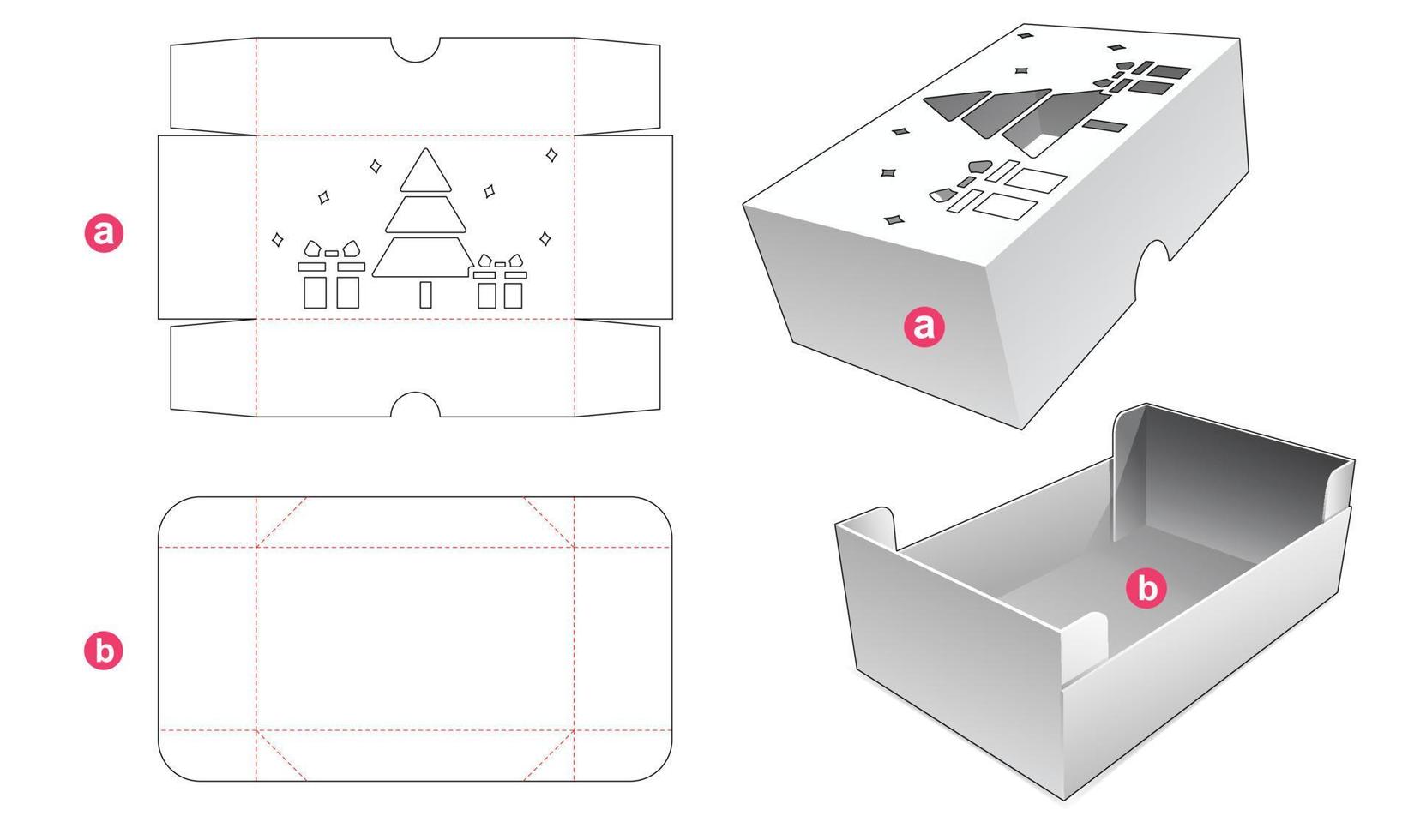 Tray and cover with Christmas tree window die cut template vector