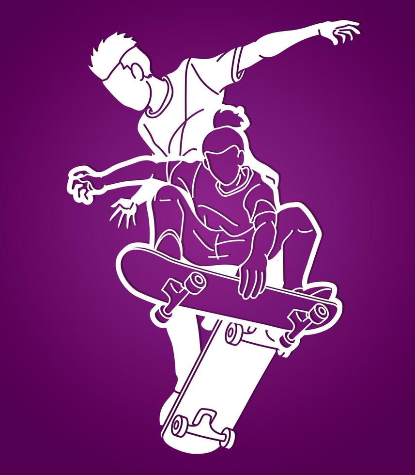 silueta, grupo, de, patinador, acción, patineta, deporte, vector