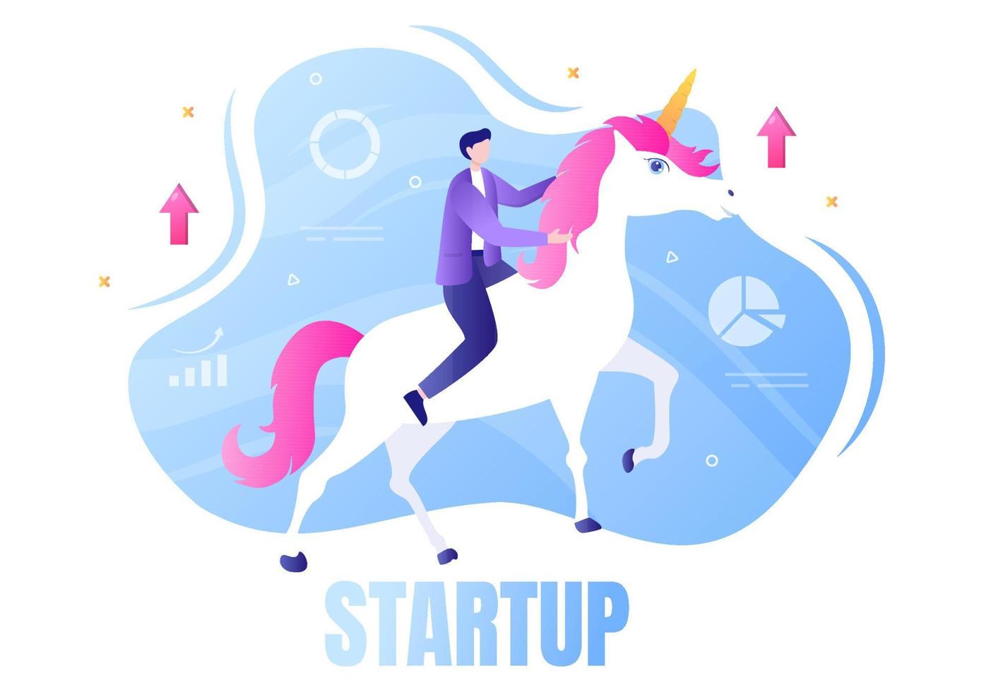 Ilustración de vector de símbolo de inicio de negocio de unicornio. empresario de proceso de desarrollo, producto de innovación e idea creativa ve el objetivo para tener éxito