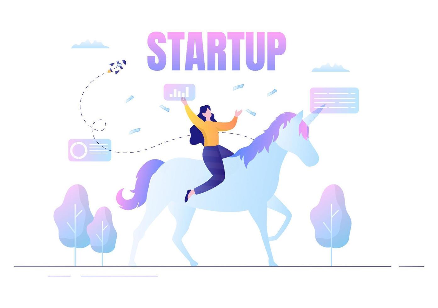 Ilustración de vector de símbolo de inicio de negocio de unicornio. empresario de proceso de desarrollo, producto de innovación e idea creativa ve el objetivo para tener éxito