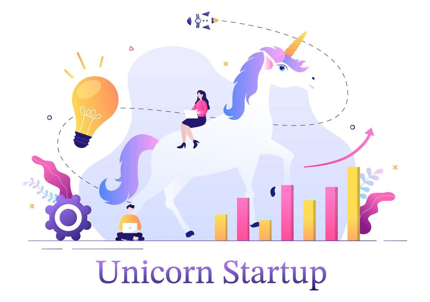 Ilustración de vector de símbolo de inicio de negocio de unicornio. empresario de proceso de desarrollo, producto de innovación e idea creativa ve el objetivo para tener éxito