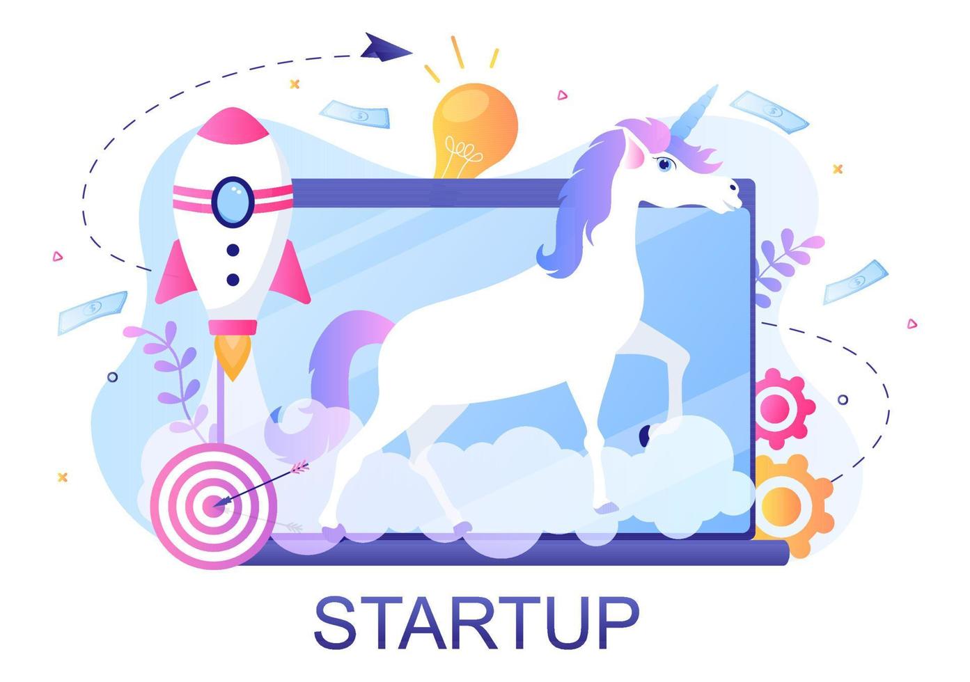 Ilustración de vector de símbolo de inicio de negocio de unicornio. empresario de proceso de desarrollo, producto de innovación e idea creativa ve el objetivo para tener éxito