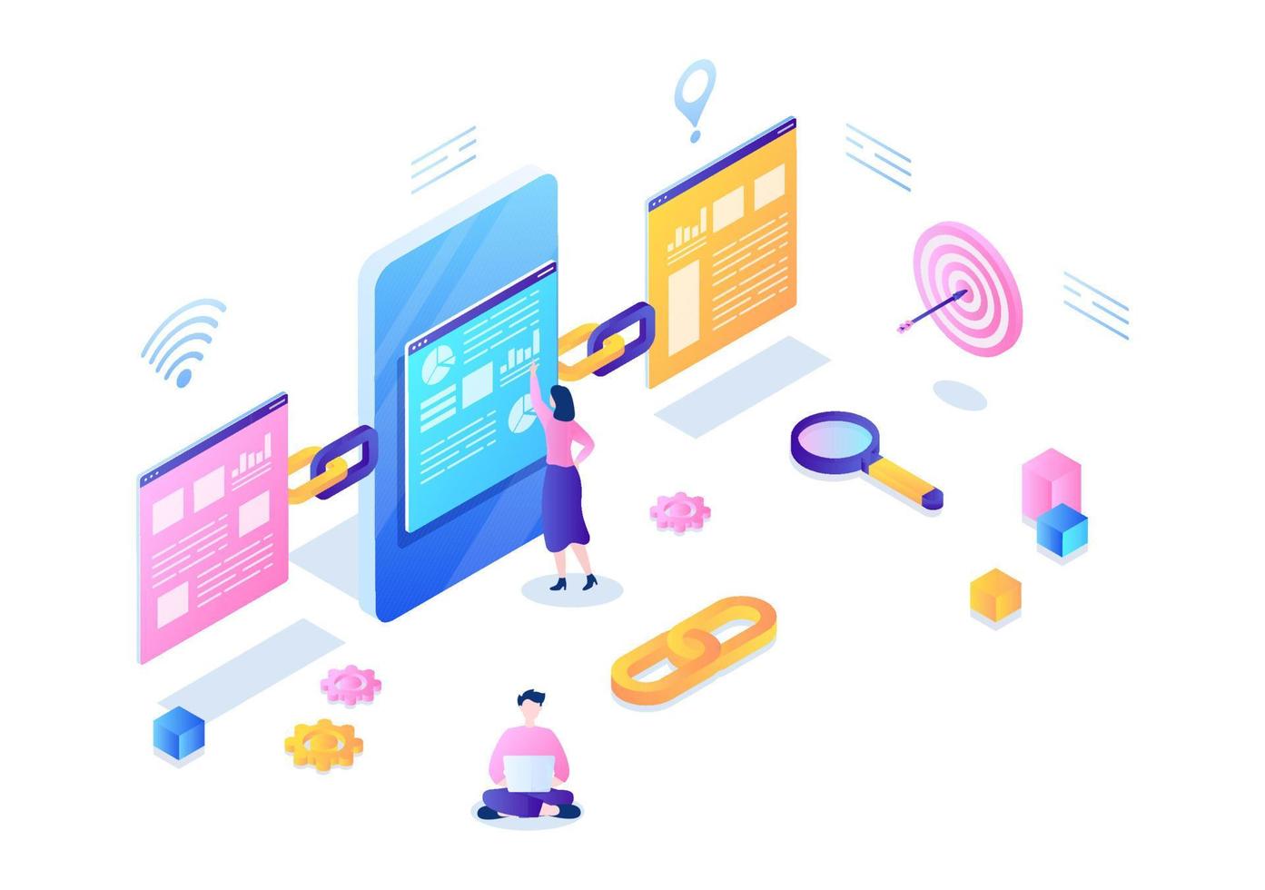 SEO Link Building as Search Engine Optimization, Marketing and Digital for Home Page Development or Mobile Applications Vector Illustration
