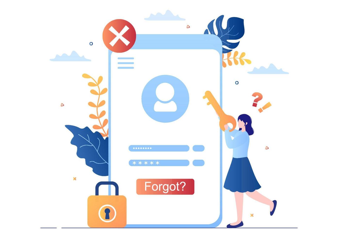 Forgot Password and Account Login for Web page, Protection, Security, Key, Access System in Smartphone or Computer Flat Vector Illustration