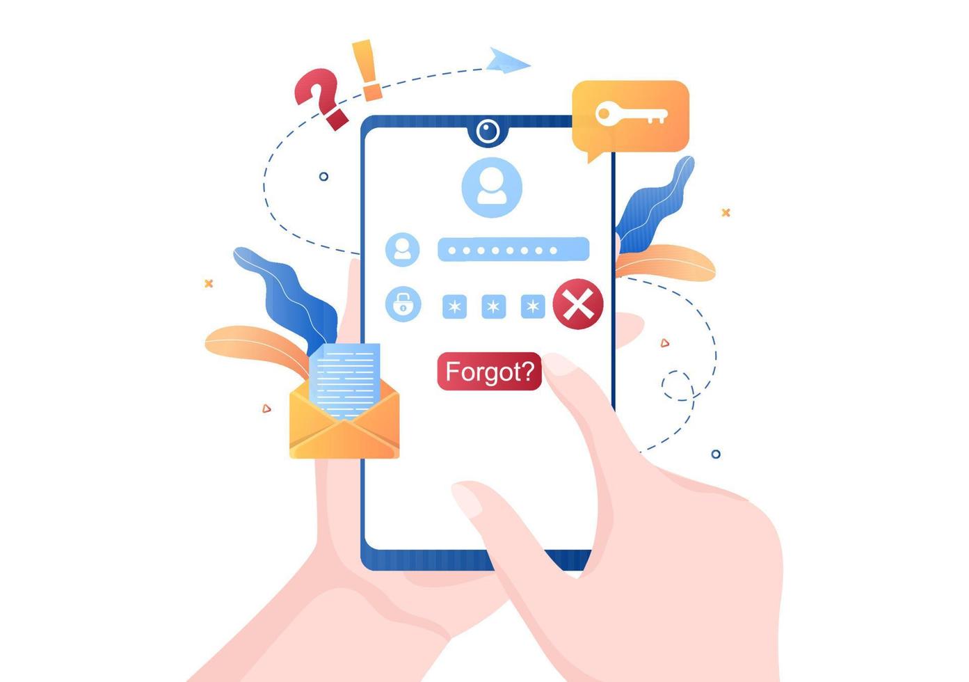 Forgot Password and Account Login for Web page, Protection, Security, Key, Access System in Smartphone or Computer Flat Vector Illustration