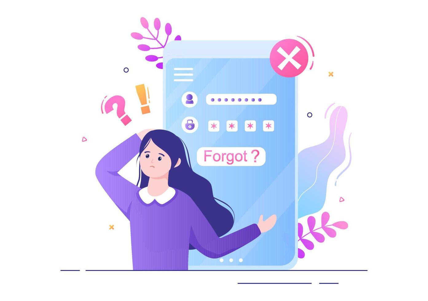 Olvidé la contraseña y el inicio de sesión de la cuenta para la página web, protección, seguridad, clave, sistema de acceso en la ilustración de vector plano de teléfono inteligente o computadora