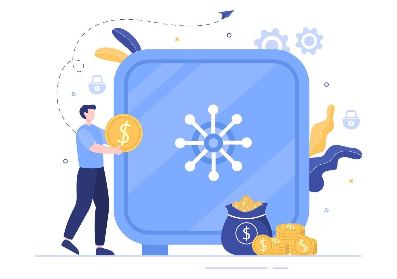 Bank Locker Vector Illustration. Storage Safe Box for Cash Safety, Protection, Gold, Currency and Important Documents using an Electronic Key to Open
