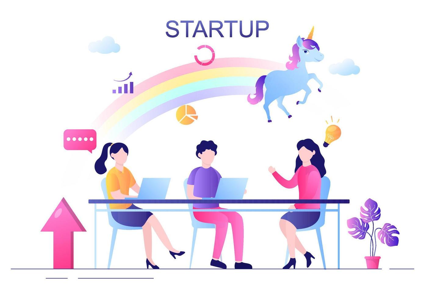 Ilustración de vector de símbolo de inicio de negocio de unicornio. empresario de proceso de desarrollo, producto de innovación e idea creativa ve el objetivo para tener éxito