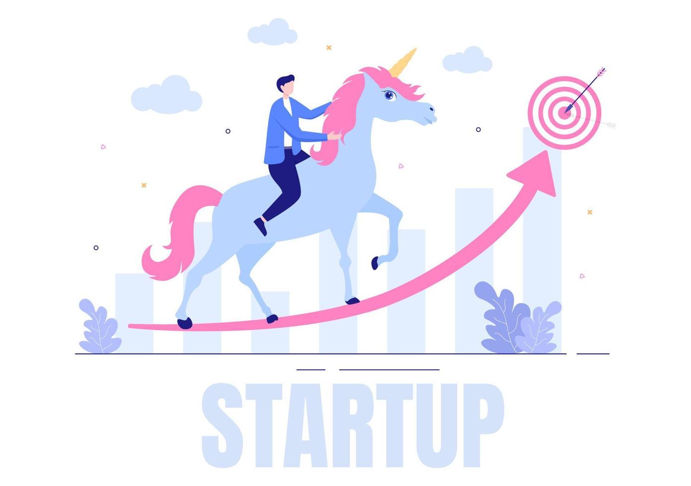 Ilustración de vector de símbolo de inicio de negocio de unicornio. empresario de proceso de desarrollo, producto de innovación e idea creativa ve el objetivo para tener éxito