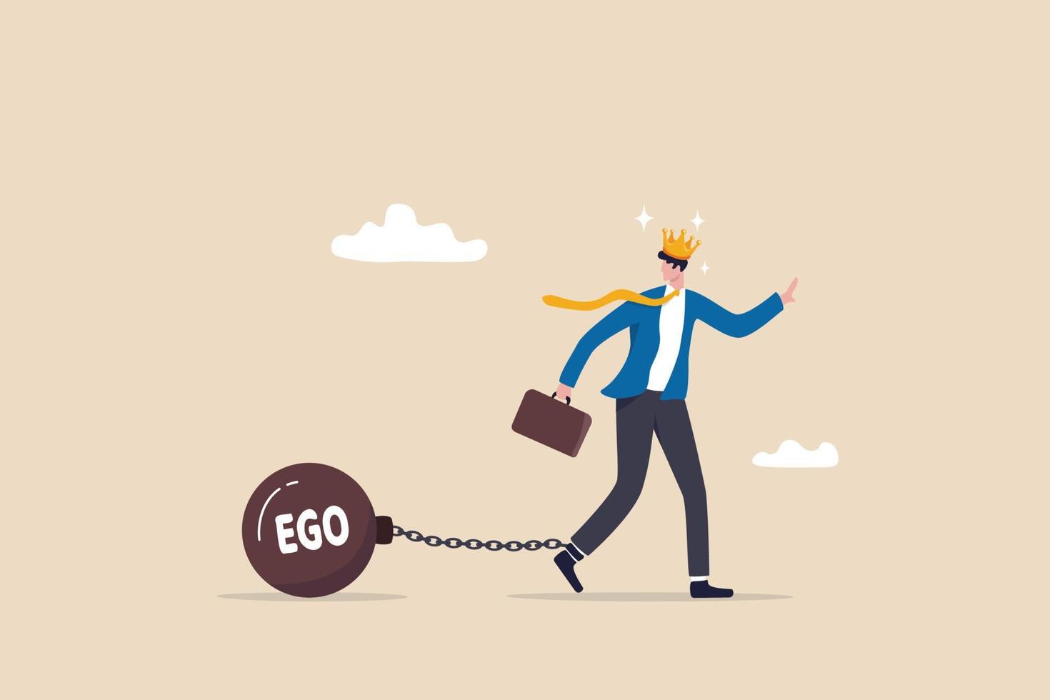 Ego burden, too much confident boss, narcissism and self involvement problem, self esteem and self important mistake concept, confidence businessman wear king crown chain with heavy EGO burden weight. vector