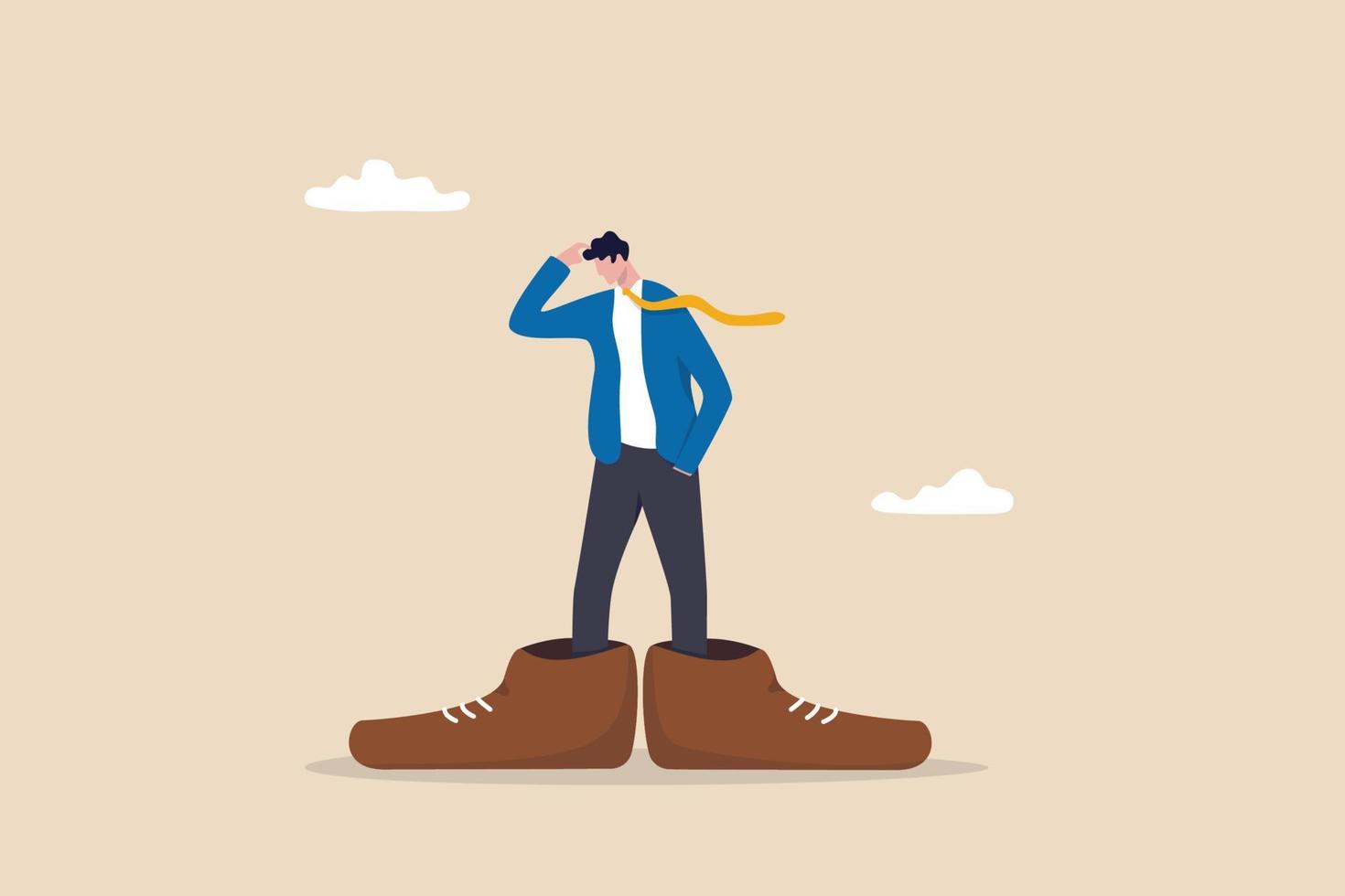 Work responsibility, put right man in the right job, working skill to fit job position, anticipation to be promoted, mistake or problem concept, frustrated businessman trying to put too big shoes. vector