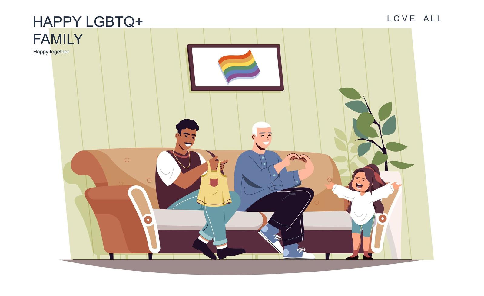 Happy LGBT family concept. Male fathers take care of little daughter at home. Multiracial homosexual couple, gay relationship, childhood and parenthood. Vector illustration of people in flat design