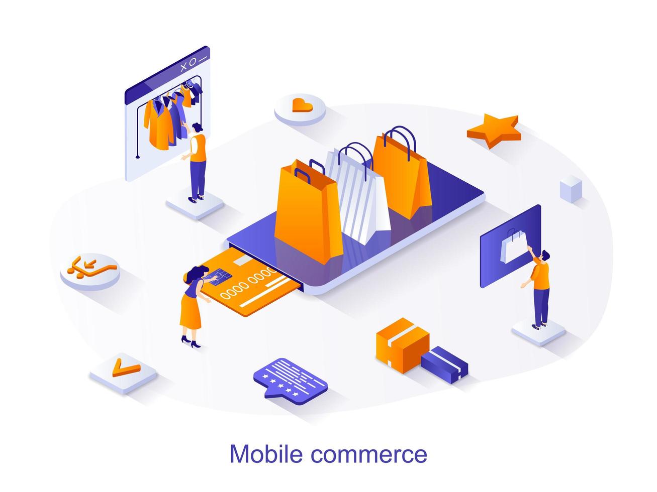 Mobile commerce isometric web concept. People buy clothes on store site, pay for purchases and order home delivery using mobile application scene. Vector illustration for website template in 3d design