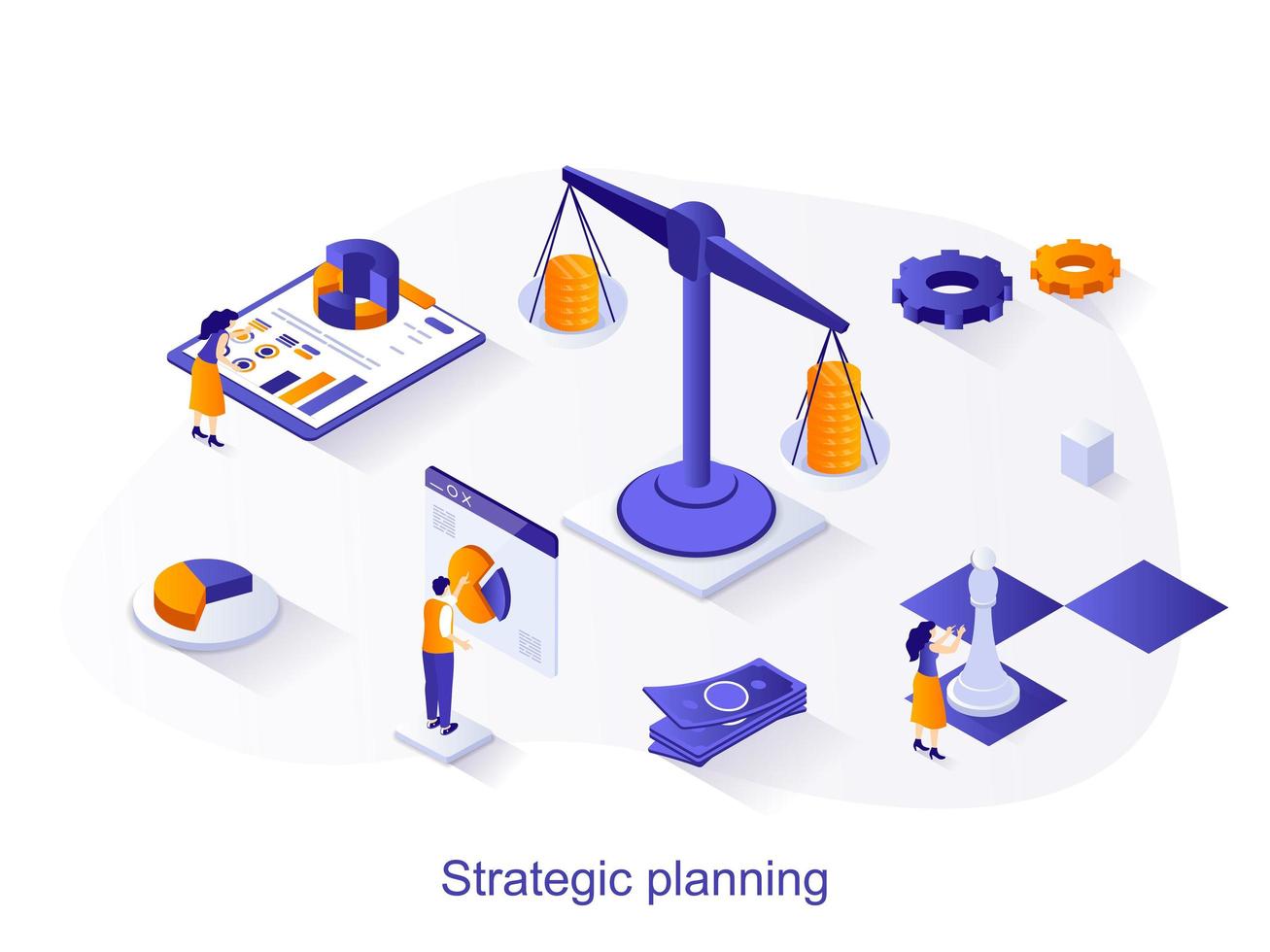 Strategic planning isometric web concept. People create successful strategy, analyze financial statistics, achievment long-term goals scene. Vector illustration for website template in 3d design
