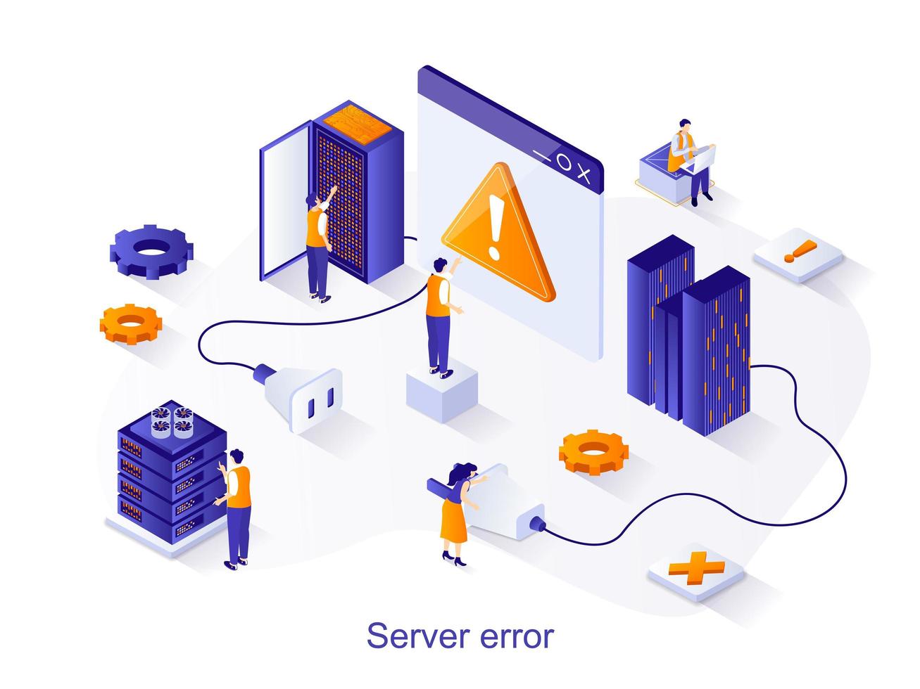 concepto de web isométrica de error de servidor. personas que trabajan en el sitio del problema, mantenimiento de hardware y software, soporte técnico. Escena de error de página 404. ilustración vectorial para plantilla de sitio web en diseño 3d vector