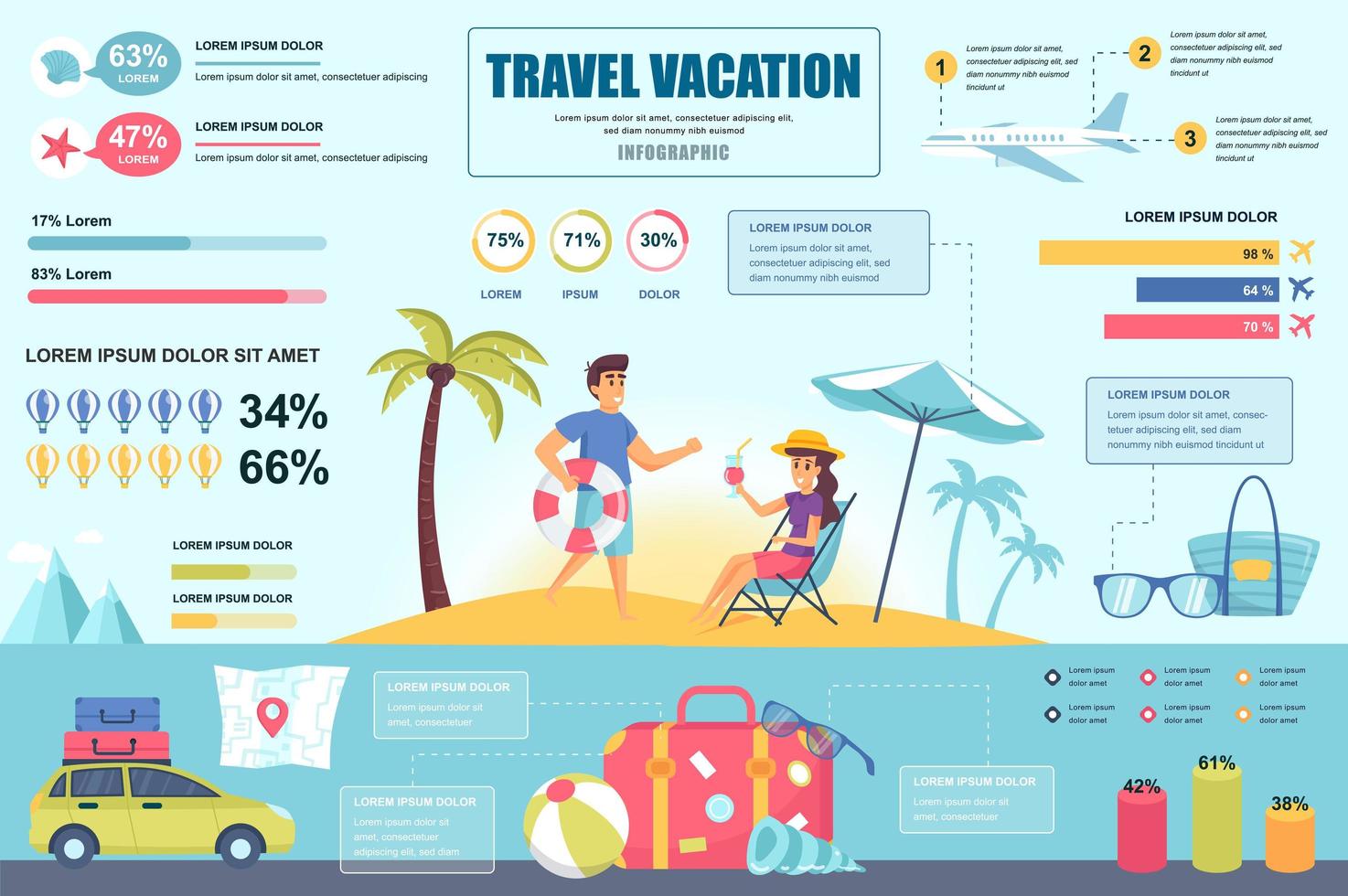 Travel vacation concept banner with infographic elements. Summer trip, flights and travel journey by car. Poster template with graphic data visualization, timeline, workflow. Vector illustration