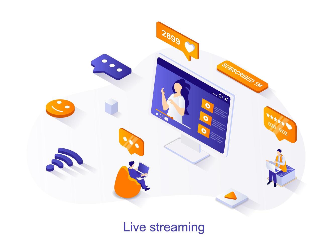 Live streaming isometric web concept. People watching blogger video stream, movie or news using laptops. Internet broadcast service scene. Vector illustration for website template in 3d design
