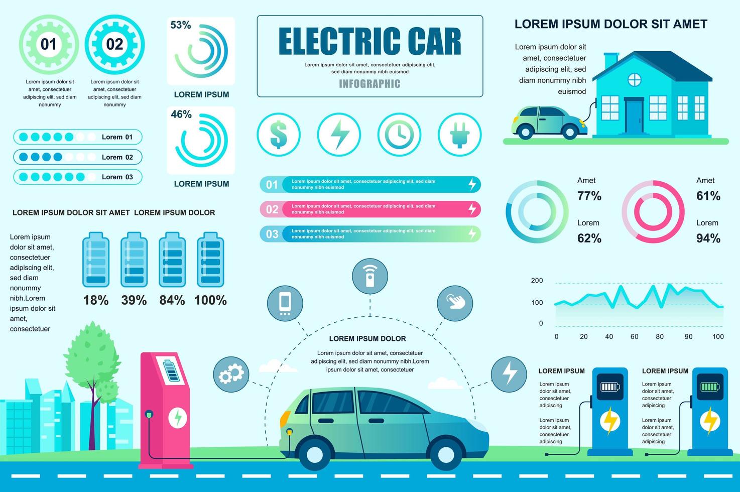 Electric car concept banner with infographic elements. Charger station