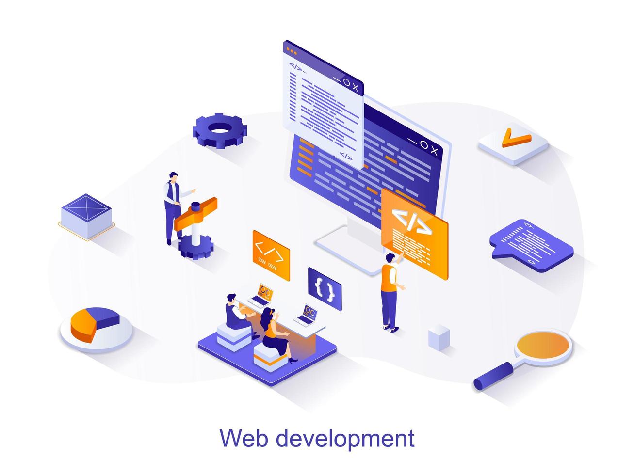 Web development isometric web concept. People create and optimize a web page, work with code and interface design. Programmers teamwork scene. Vector illustration for website template in 3d design
