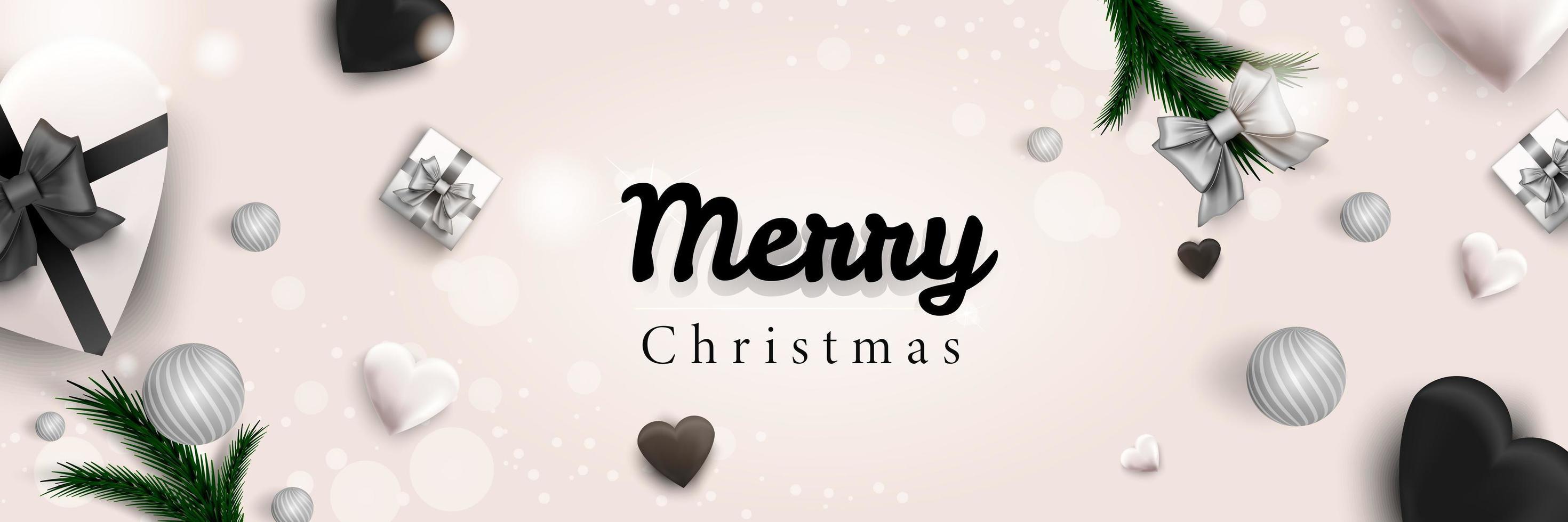 Merry Christmas web banner. Xmas and Happy New Year 2022 holiday celebration poster. Vector illustration with 3d realistic elements. Horizontal christmas poster, background, greeting cards, header.