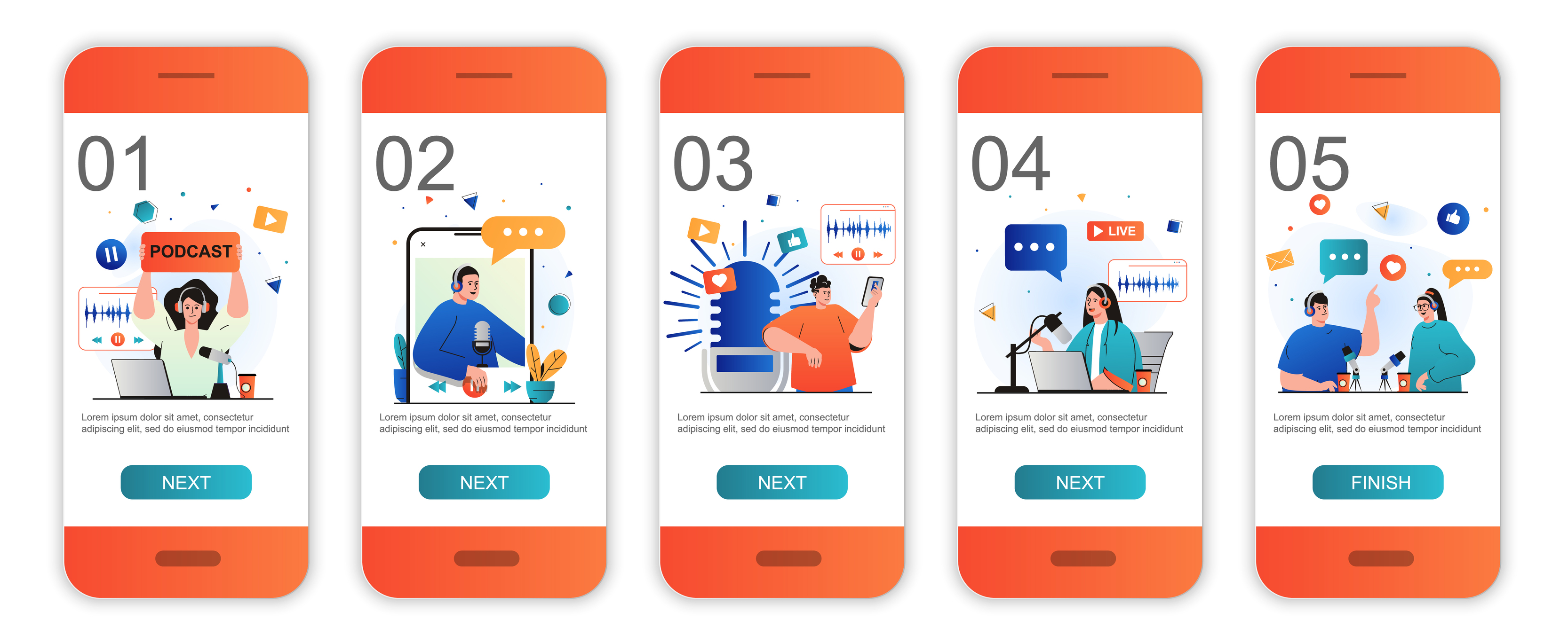 Podcast streaming concept onboarding screens for mobile app templates