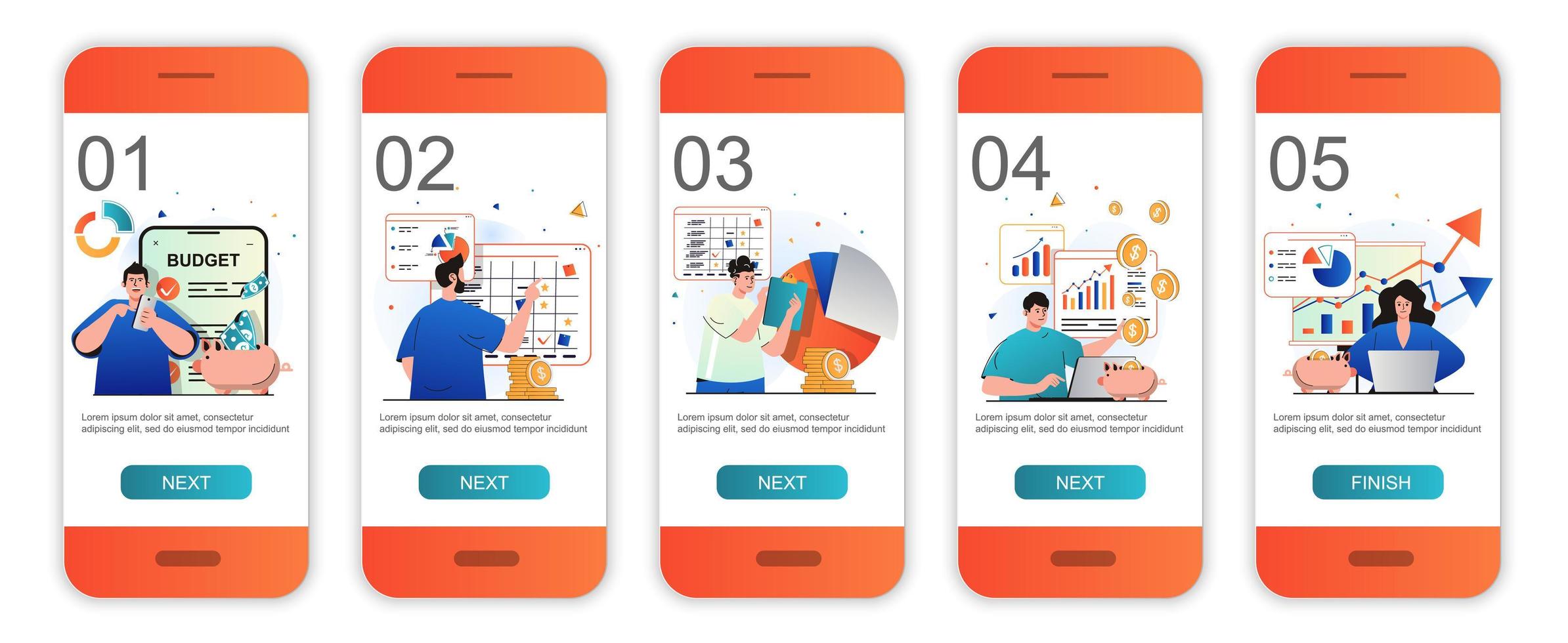 Financial budget concept onboarding screens for mobile app templates. Planning and accounting. Modern UI, UX, GUI screens user interface kit with people scenes for web design. Vector illustration