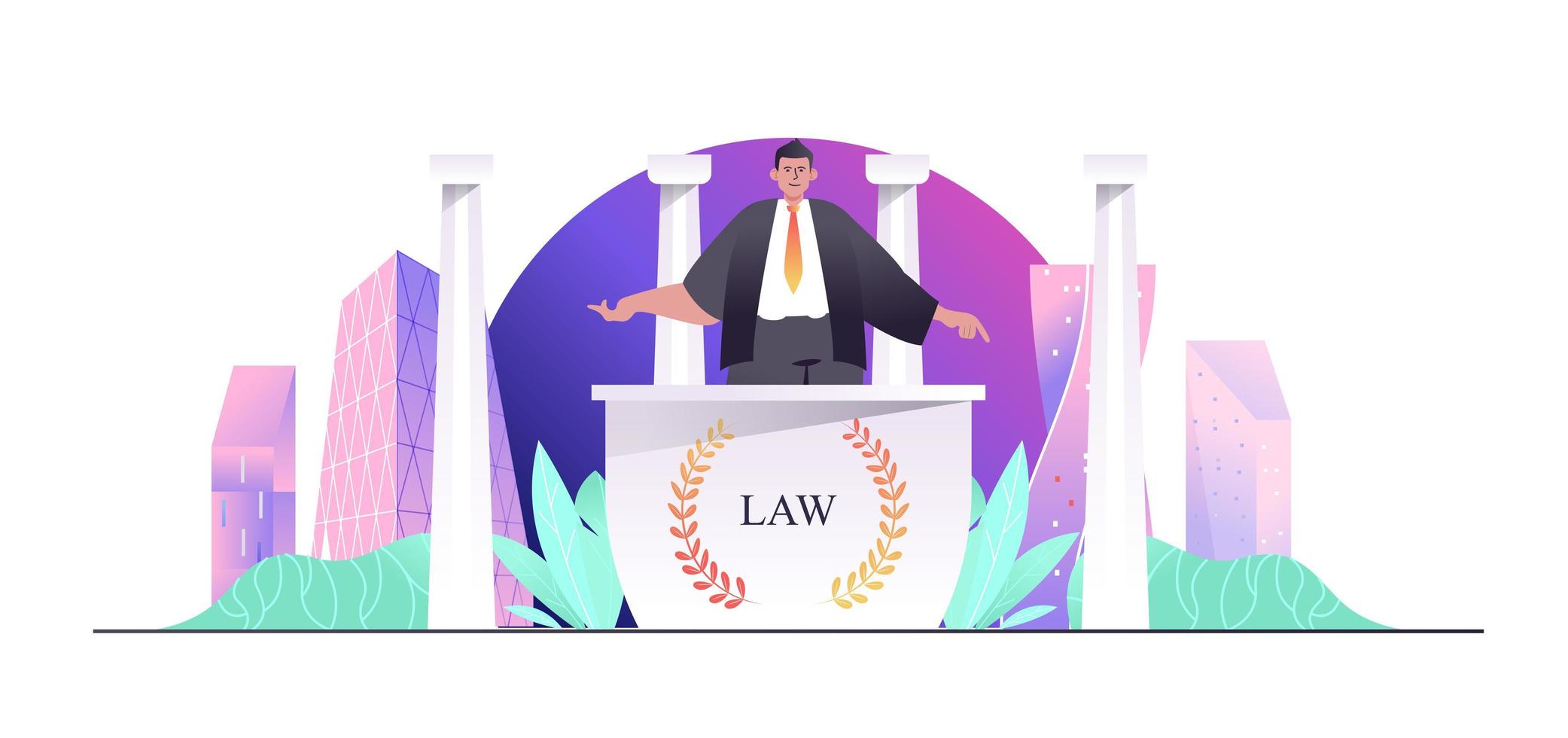 Law office concept for web banner. Lawyer or attorney consulting clients, professional legal support of business, modern people scene. Vector illustration in flat cartoon design with person characters