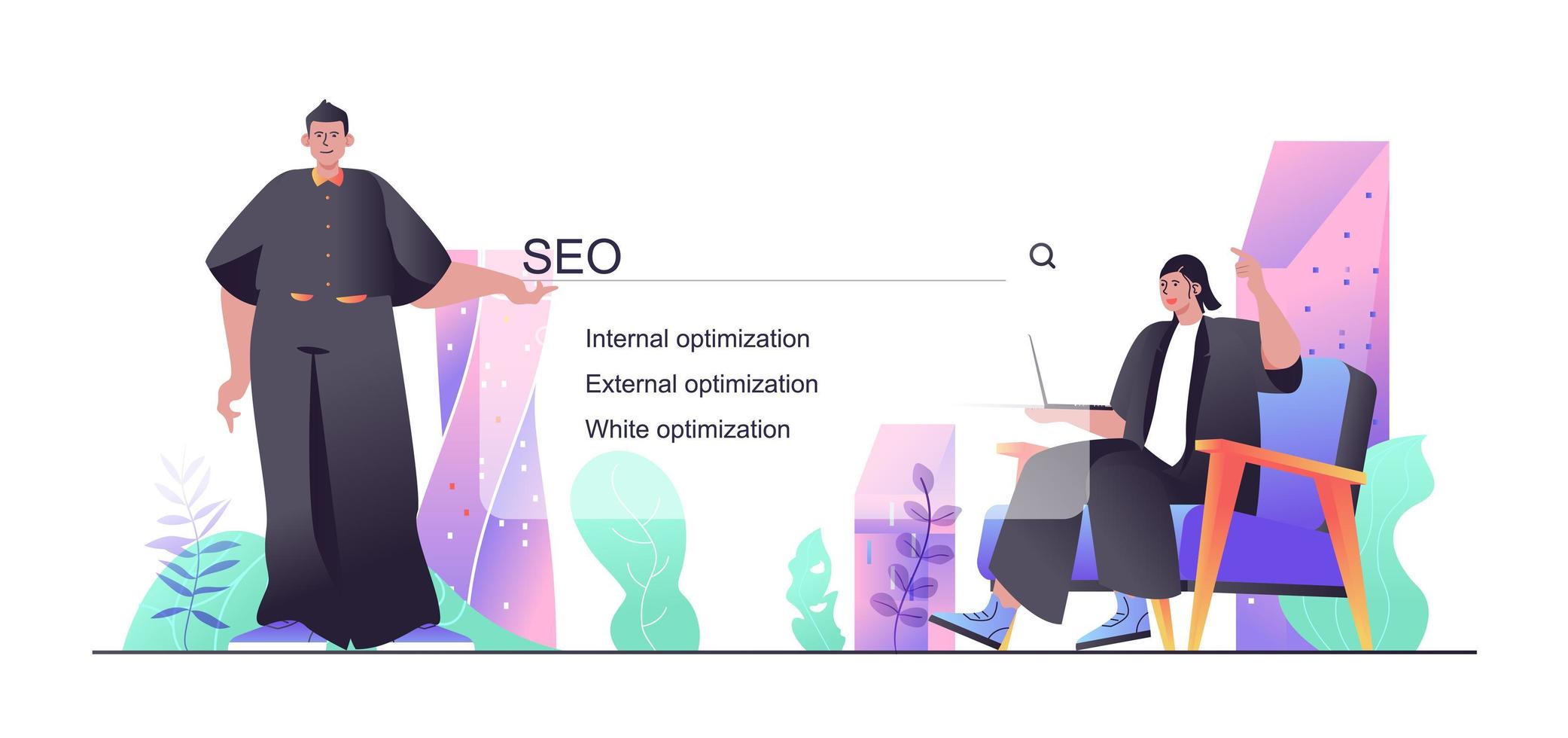 Seo optimization concept for web banner. Man and woman customize search bar and engine, analysis and promotion, modern people scene. Vector illustration in flat cartoon design with person characters