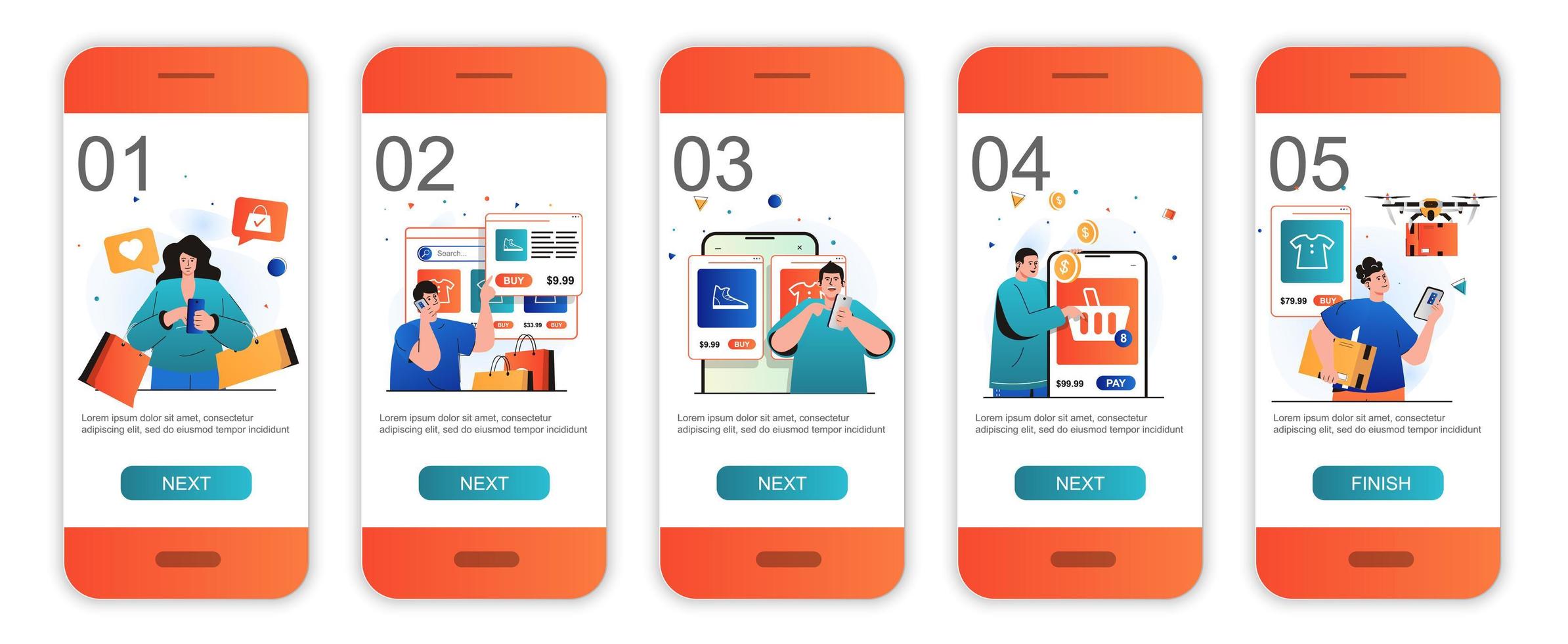 Mobile commerce concept onboarding screens for mobile app templates. Buyers shopping, pay online. Modern UI, UX, GUI screens user interface kit with people scenes for web design. Vector illustration