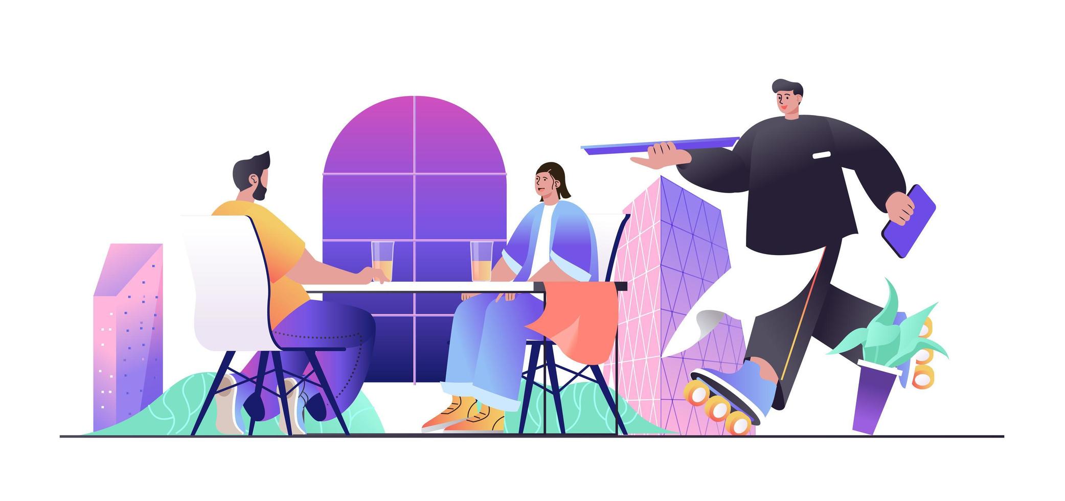 Restaurant concept for web banner. Couple at lunch in cafe or cafeteria, waiting order, waiter holds dishes, modern people scene. Vector illustration in flat cartoon design with person characters