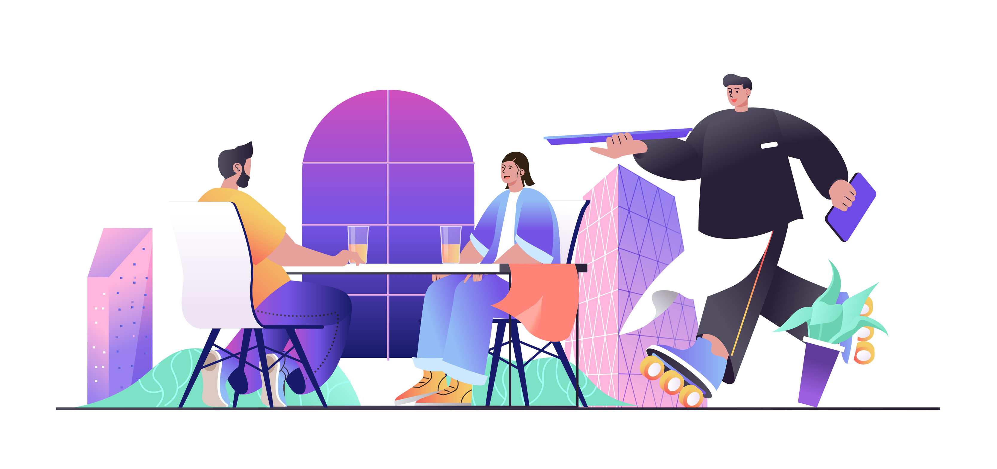 Restaurant concept for web banner. Couple at lunch in cafe or cafeteria, waiting order, waiter holds dishes, modern people scene. Vector illustration in flat cartoon design with person characters 4113691 Vector Art Restaurant concept for web banner. Couple at lunch in cafe or cafeteria, waiting order, waiter holds dishes, modern people scene. Vector illustration in flat cartoon design with person characters 4113691 Vector Art