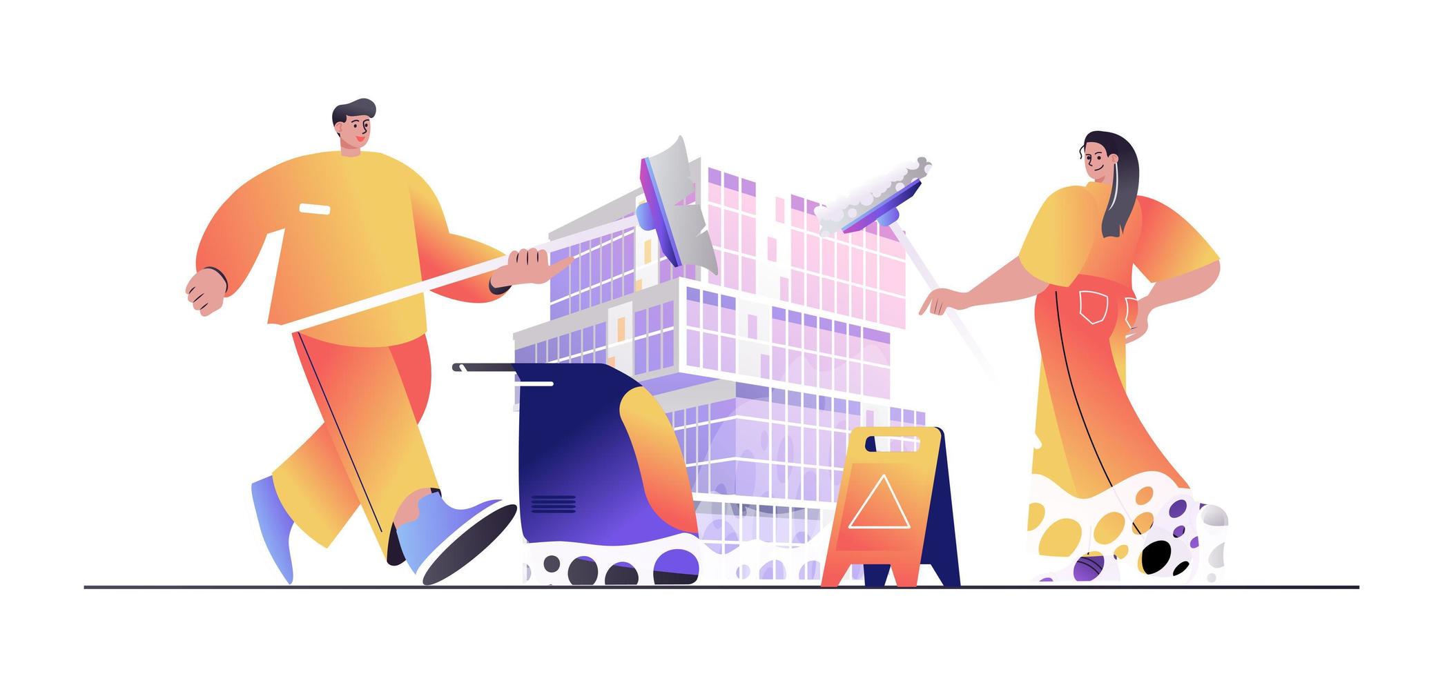 Cleaning service concept for web banner. Man and woman employees with mops clean office spaces or do housework modern people scene. Vector illustration in flat cartoon design with person characters