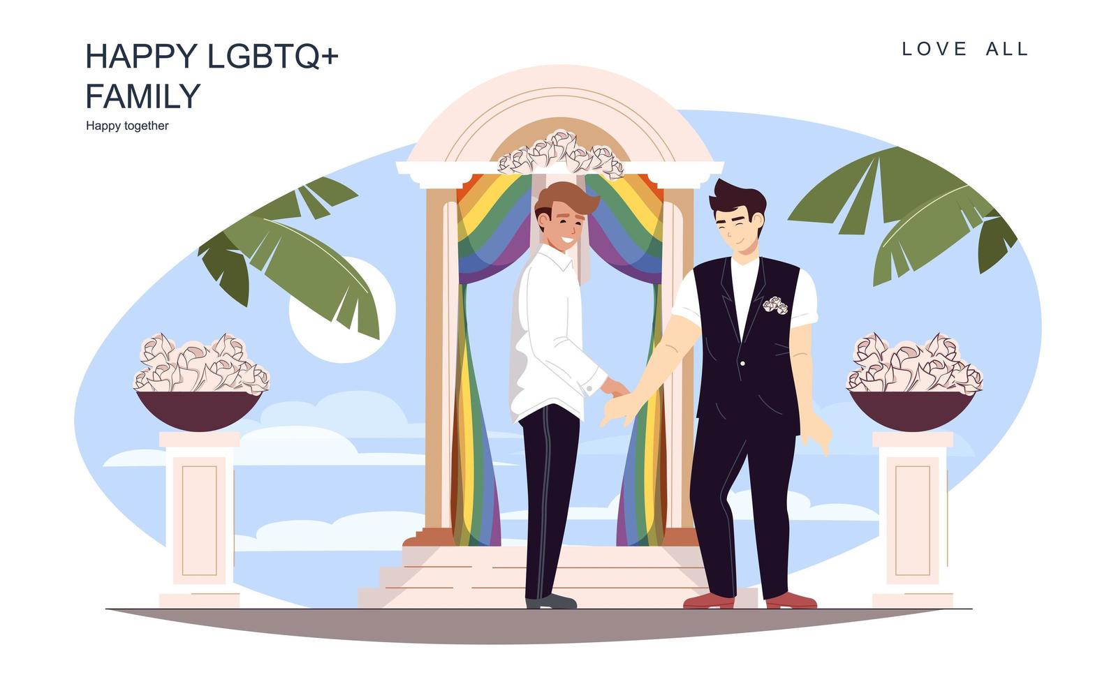 Happy LGBT family concept. Loving men get married in wedding suits at festive ceremony on island scene. Diverse multiracial couple, gay relationship. Vector illustration of people in flat design
