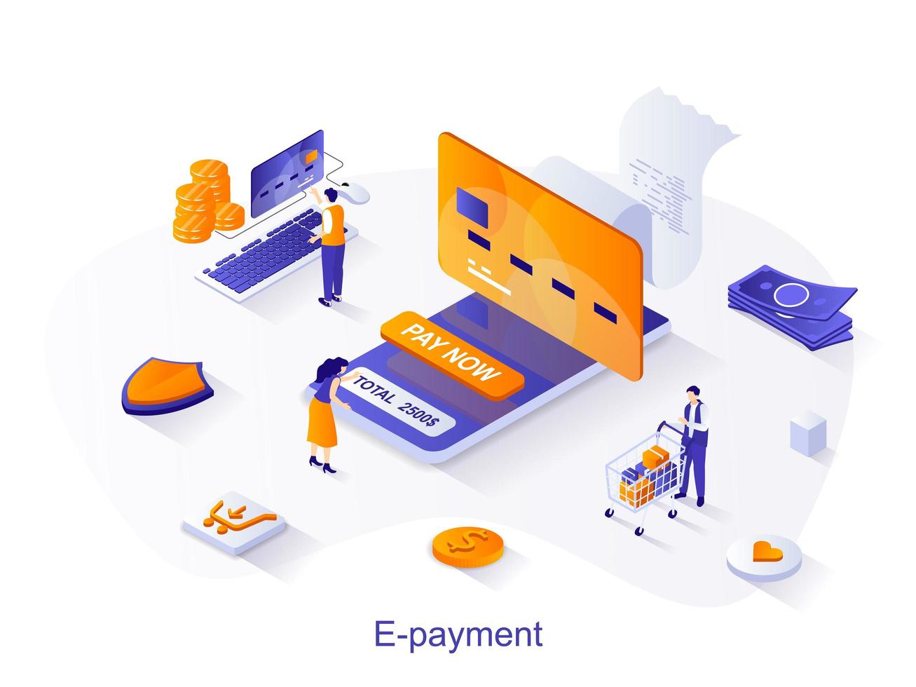 E-payment isometric web concept. People pay for invoice with credit card at online mobile banking app for mobile phone. Electronic payment scene. Vector illustration for website template in 3d design