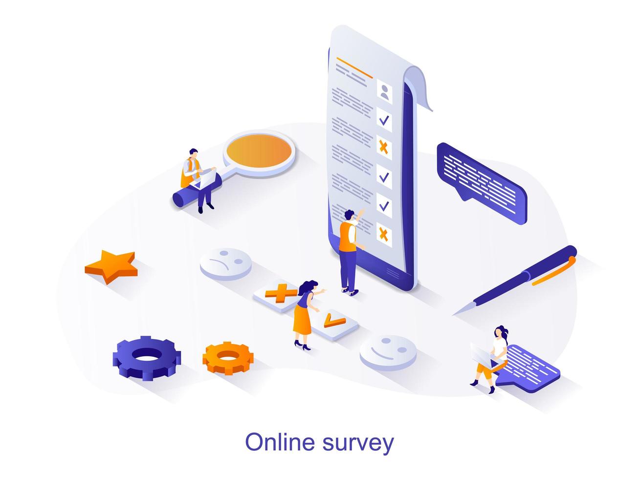 Online survey isometric web concept. People tick answers in opinion questionnaire. Online voting, digital checklist paper sheet for exam scene. Vector illustration for website template in 3d design