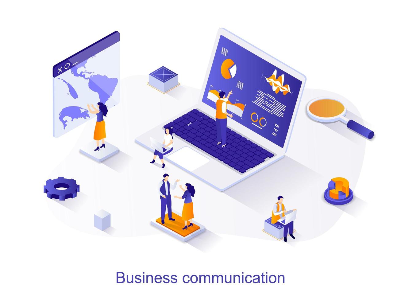 Business communication isometric web concept. People discuss tasks or report, cooperation with colleagues at meeting. Online global company scene. Vector illustration for website template in 3d design