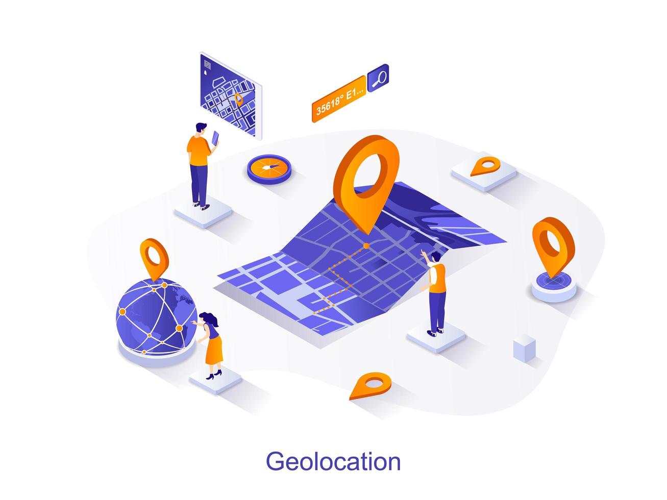 Geolocation isometric web concept. People track route on map with point marker, search by geolocation. GPS navigator with pin location sign scene. Vector illustration for website template in 3d design