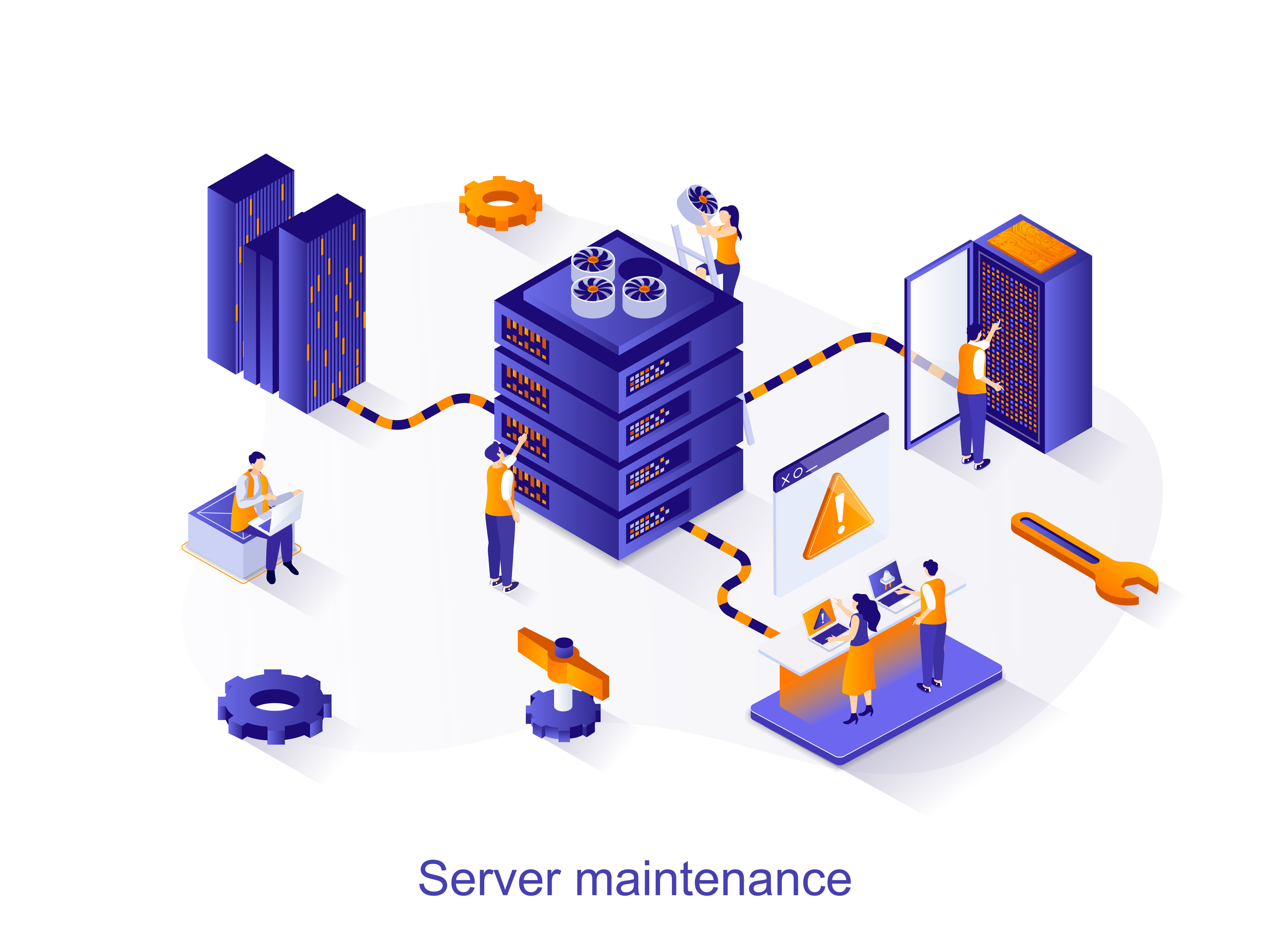 Server maintenance isometric web concept. People working at server rack hardware room